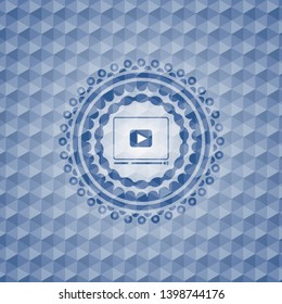 video player icon inside blue emblem with geometric background.