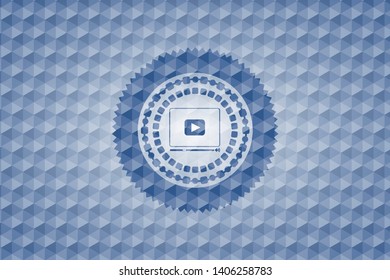 video player icon inside blue emblem with geometric background.