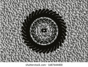 video player icon inside dark badge with grey bubbles background. Vector Illustration. Detailed.