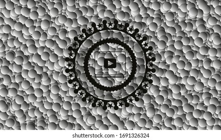 video player icon inside dark emblem with bubbles background. Retro. Vector Illustration. Detailed.