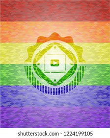 video player icon inside emblem on mosaic background with the colors of the LGBT flag