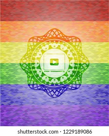 video player icon inside emblem on mosaic background with the colors of the LGBT flag