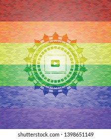 video player icon inside emblem on mosaic background with the colors of the LGBT flag