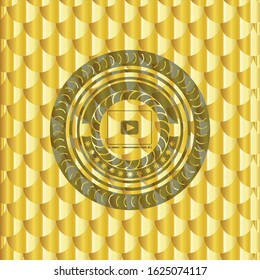 video player icon inside gold badge or emblem. Scales pattern. Vector Illustration. Detailed.