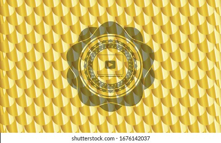 video player icon inside golden badge. Scales pattern. Vector Illustration. Detailed.