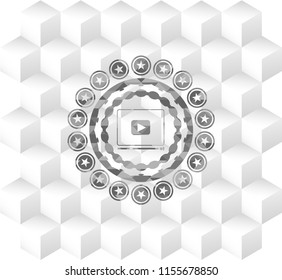 video player icon inside grey emblem. Retro with geometric cube white background