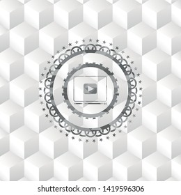 video player icon inside grey emblem. Retro with geometric cube white background