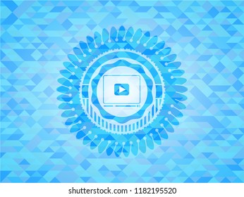 video player icon inside light blue emblem with mosaic ecological style background