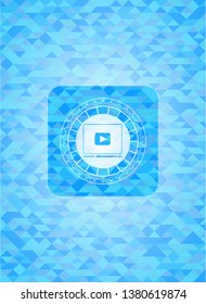 video player icon inside light blue emblem with mosaic background