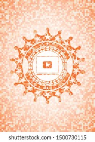 video player icon inside orange tile background illustration. Square geometric mosaic seamless pattern with emblem inside.