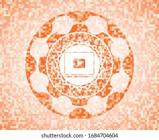 video player icon inside orange tile background illustration. Square geometric mosaic seamless pattern with emblem inside.