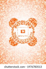 video player icon inside orange mosaic emblem. 