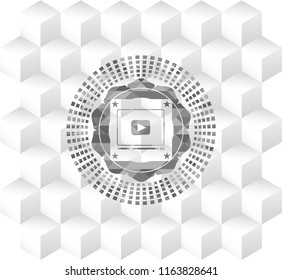 video player icon inside realistic grey emblem with cube white background