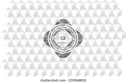 video player icon inside realistic grey emblem with cube white background