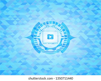 video player icon inside realistic sky blue emblem. Mosaic background