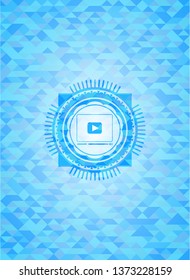 video player icon inside realistic sky blue mosaic emblem