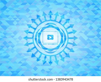 video player icon inside realistic sky blue emblem. Mosaic background