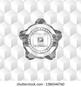 video player icon inside realistic grey emblem with cube white background