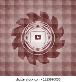 video player icon inside red emblem with geometric pattern. Seamless.