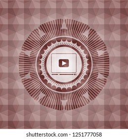 video player icon inside red emblem with geometric pattern background. Seamless.