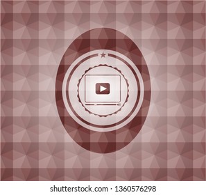 video player icon inside red emblem with geometric pattern background. Seamless.