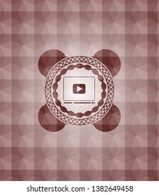 video player icon inside red badge with geometric pattern background. Seamless.