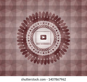 video player icon inside red emblem or badge with abstract geometric polygonal pattern background. Seamless.