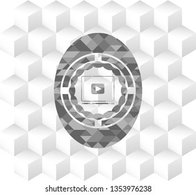 video player icon inside retro style grey emblem with geometric cube white background