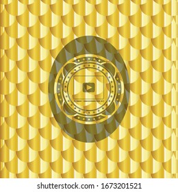 video player icon inside shiny golden emblem. Scales pattern. Vector Illustration. Detailed.