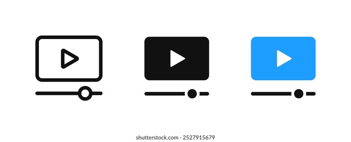 Video player icon. Media player button. Online cinema vector illustration. Movie rewind slider bar symbol. Multimedia interface sign. Film control pictogram. Video hosting platform isolated concept.