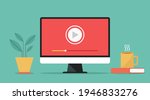 video player icon on computer, concept of webinar, business online training, education or e-learning and video tutorial, flat vector design illustration