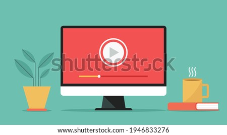 video player icon on computer, concept of webinar, business online training, education or e-learning and video tutorial, flat vector design illustration
