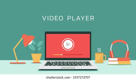 video player icon on laptop computer, concept of webinar, business online training, education or e-learning and video tutorial, flat design vector illustration