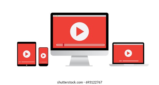 Video player icon on tablet, PC, laptop and smartphone.Fully responsive web design.