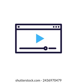 Video player icon with play button, window controls, and progress line. Vector illustration symbol for digital media interface and playback concept