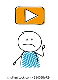 Video player icon with sad stickman. Vector.