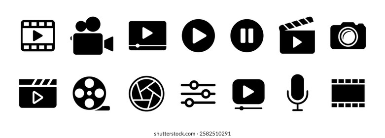 Video player icon set. Camera icon set. Containing play or start button, pause or stop, media, camera, live, cinema, multimedia, film, handycam, clapperboard, movie, streaming, and online video.