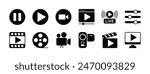 Video player icon set. Containing play or start button, pause or stop, media, camera, live, cinema, multimedia, film, handycam, clapperboard, movie, streaming or online video. Vector illustration