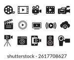 Video player icon set. Containing play or start button, pause or stop, media, camera, live, cinema, multimedia, film, handycam, clapperboard, movie, streaming or online video. Vector illustration