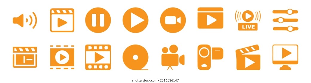 Symbolsatz für Video-Player. Mit Wiedergabe- oder Starttaste, Pause oder Stopp, Medien, Kamera, Live, Kino, Multimedia, Film, Handykamera oder Online-Video. Vektorgrafik. EPS 10