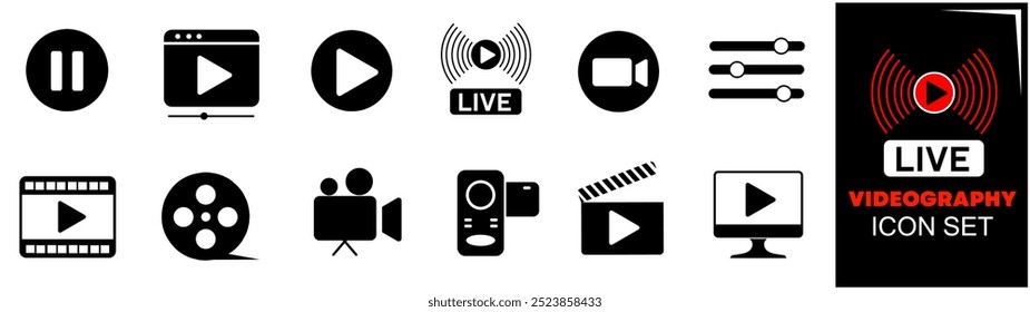 Video player icon set. Containing play or start button, pause or stop, media, camera, live, cinema, multimedia, film, handycam, clapperboard, movie, streaming or online video. Vector illustration