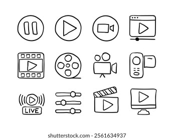 Video player icon set. Containing play or start button, pause or stop, media, camera, live, cinema, multimedia, film, handycam, clapperboard, movie, streaming or online video. Hand Drawn illustration