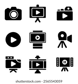 Video player icon set. Containing play or start button, pause or stop, media, camera, multimedia, clapperboard, movie, video. Vector illustration