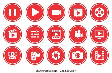 Video player icon set. Containing play or start button, pause or stop, media, camera, live, cinema, multimedia, film, handycam, clapperboard, movie, streaming or online video. Vector illustration