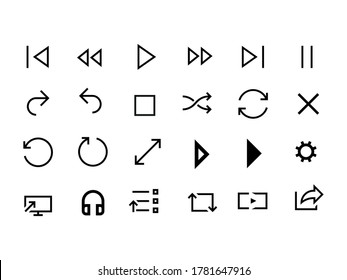 Juego de iconos del reproductor de vídeo. Colección de símbolos de jugador de medios, símbolos web simples en blanco y negro. Ilustración de dibujos animados de estilo plano