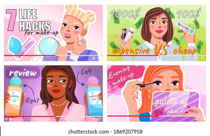 Video player interface. Beauty bloggers telling about lifehacks, how to save on cosmetics, review video, professional makeup secrets. Women content creators shooting video for social network, internet