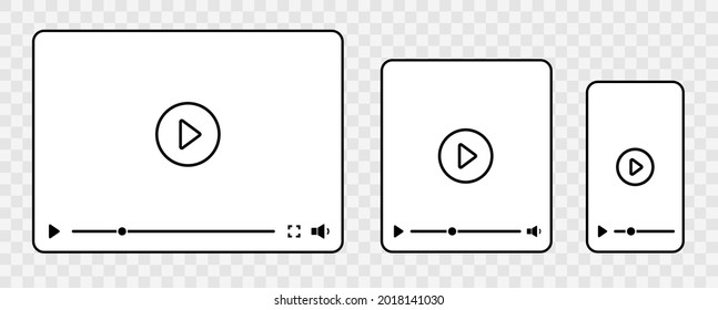 Video player interface for different devices mobile, laptop and tablet screen. Video player template isolated on white background. Media window bar blank mockup. Vector illustration.
Video player inte