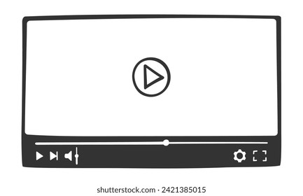 Video player interface in doodle style. Hand drawn online film screen with progress slider bar and buttons. Multimedia mobile app window template for movie playing. Vector graphic illustration