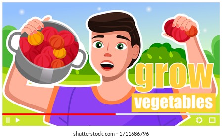 Video player interface. Excited farmer grow vegetables and shooting vlogs about gardening or farming. Blogger or content creator shooting video tutorial. Cartoon character grower has online streaming