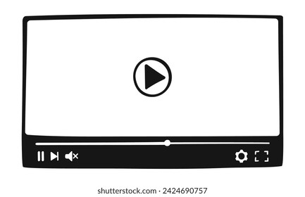 Video-Player-Schnittstelle im handgezeichneten Stil. Online-Filmbildschirm mit Fortschrittsregler und Tasten. Multimedia-Fenstervorlage für mobile Apps zum Abspielen von Filmen. Vector Doodle Illustration.